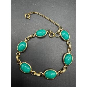 Vintage Gold Filled Jade Cabochon Green Stone Link Bracelet w/ Safety Chain